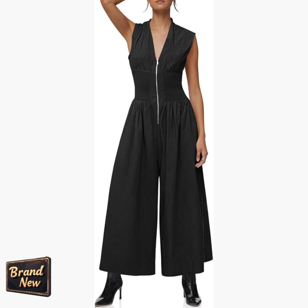 Sleeveless V-Neck Jumpsuit with Smocked Bodice and Wide Leg